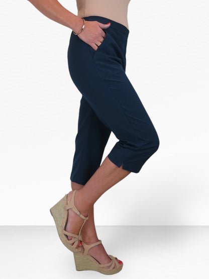 Women's Elasticated Waist Cropped Smart Trousers Navy Blue