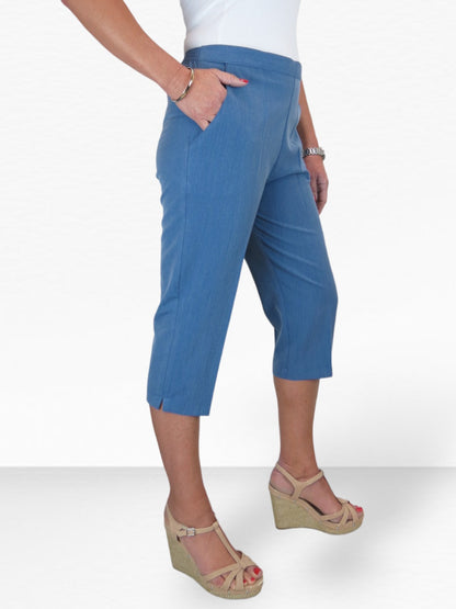 Women's Elasticated Waist Cropped Smart Trousers Denim Blue