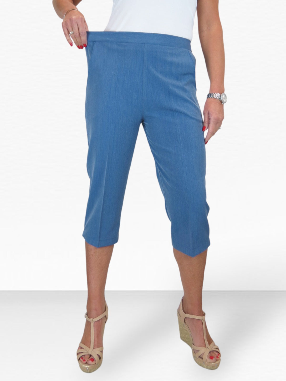 Women's Elasticated Waist Cropped Smart Trousers Denim Blue