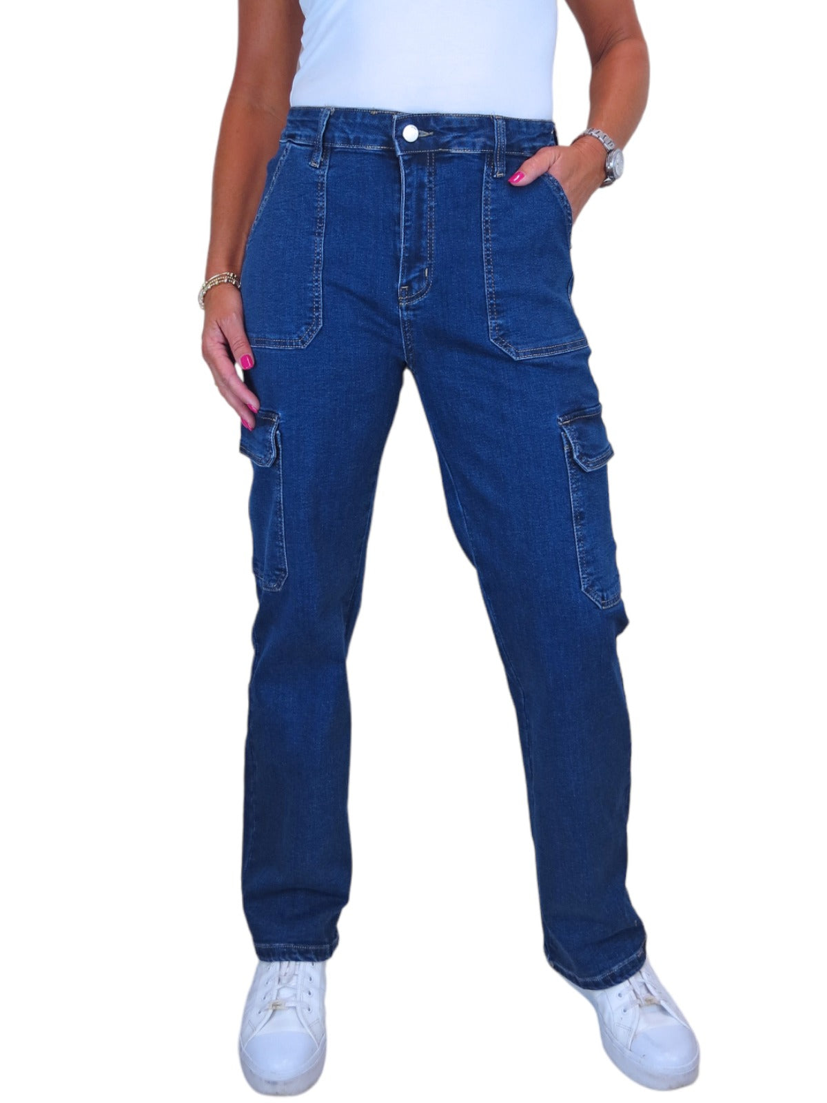 Women's Denim Cargo Pants Mid Blue