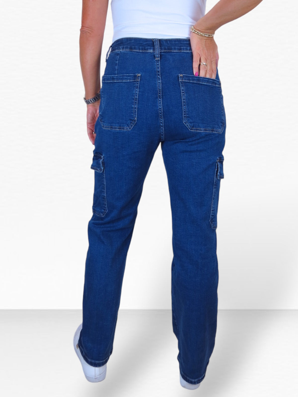 Women's Denim Cargo Pants Mid Blue