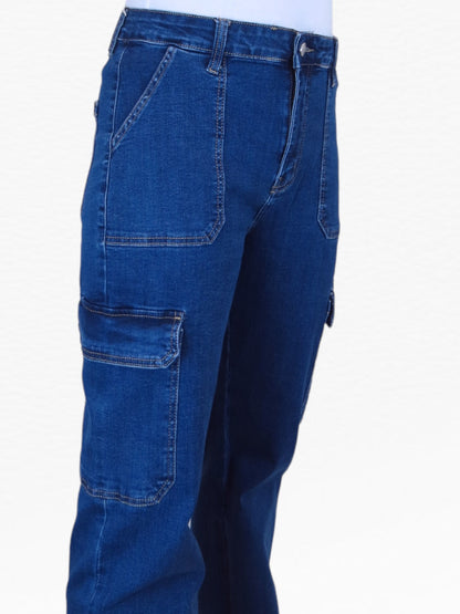 Women's Denim Cargo Pants Mid Blue