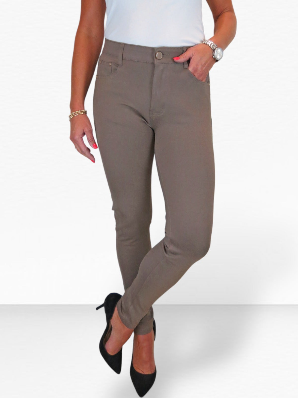 Womens Soft Stretch Ponte Trousers with Pockets Taupe Brown