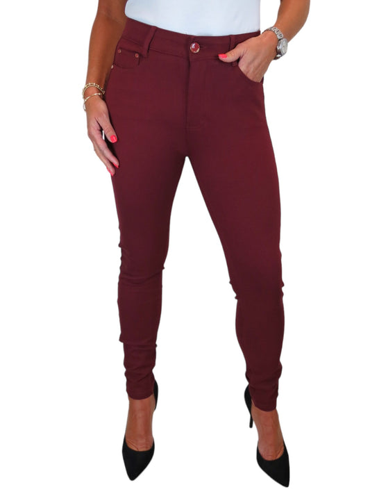 Womens Soft Stretch Ponte Trousers with Pockets Bordeaux Red