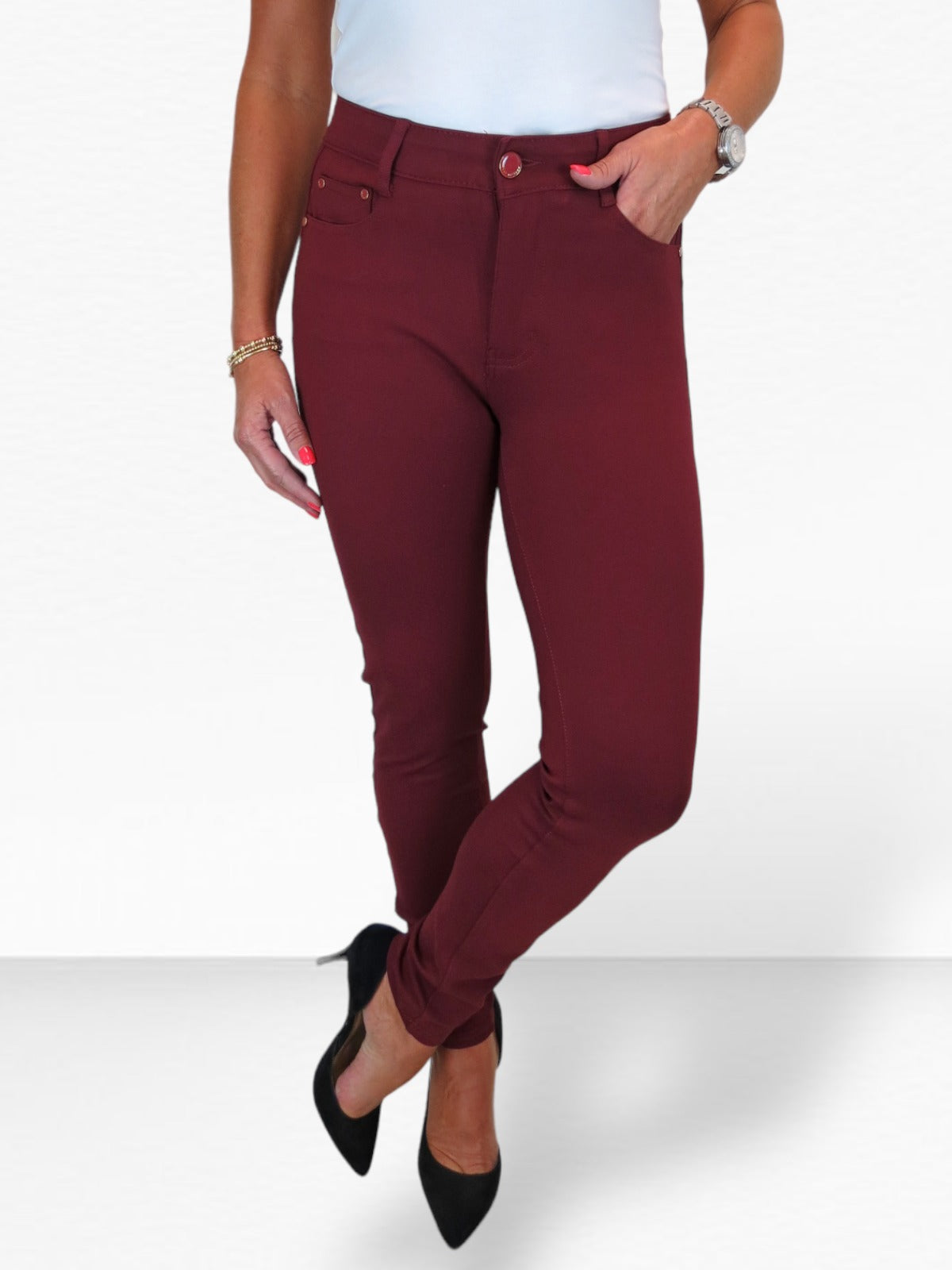 Womens Soft Stretch Ponte Trousers with Pockets Bordeaux Red