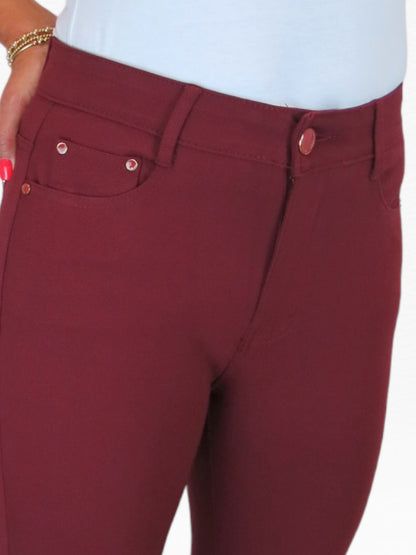 Womens Soft Stretch Ponte Trousers with Pockets Bordeaux Red