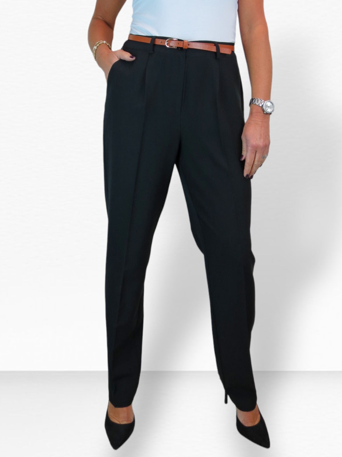 Smart Tapered Leg Pleated Trousers Black