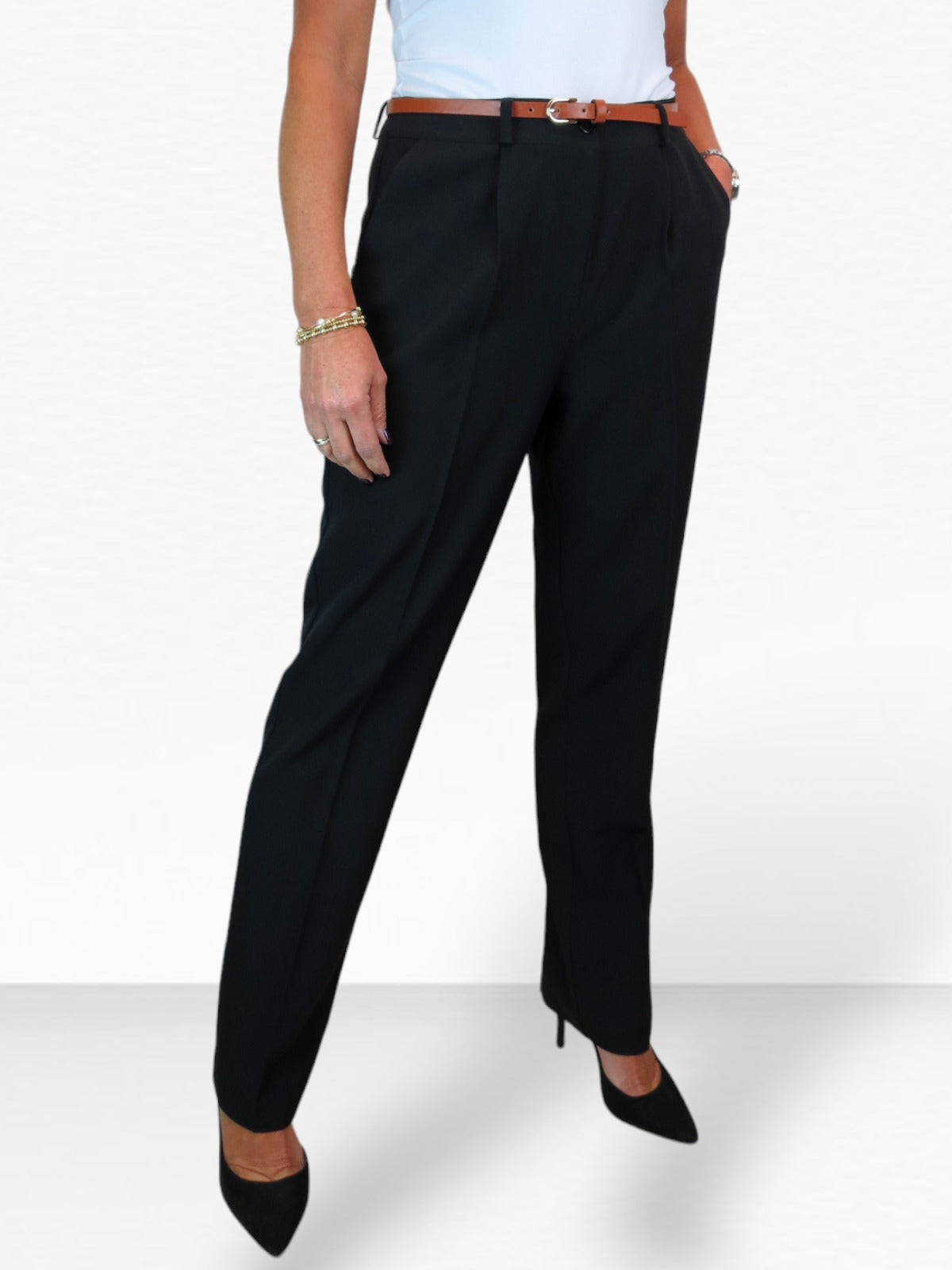 Smart Tapered Leg Pleated Trousers Black