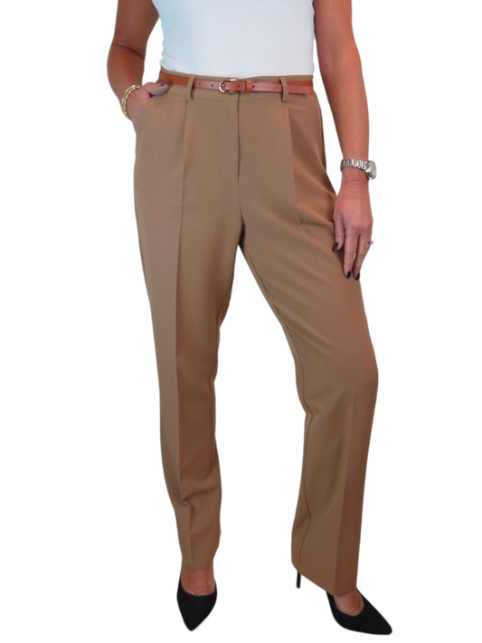 Smart Tapered Leg Pleated Trousers Tan