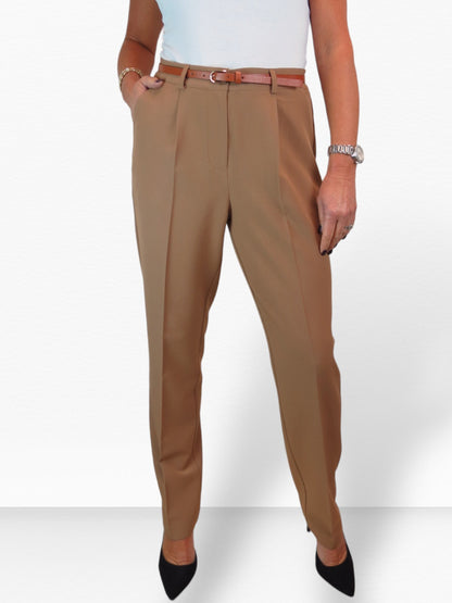 Smart Tapered Leg Pleated Trousers Tan