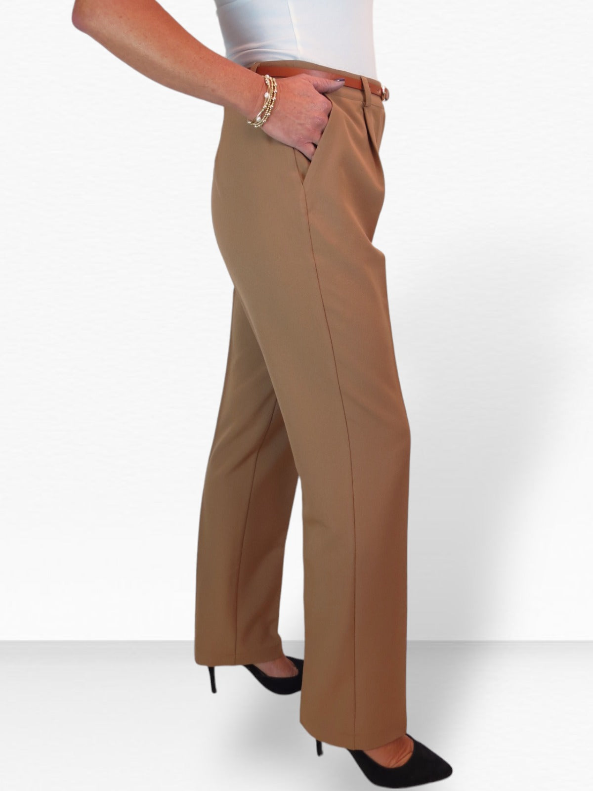 Smart Tapered Leg Pleated Trousers Tan