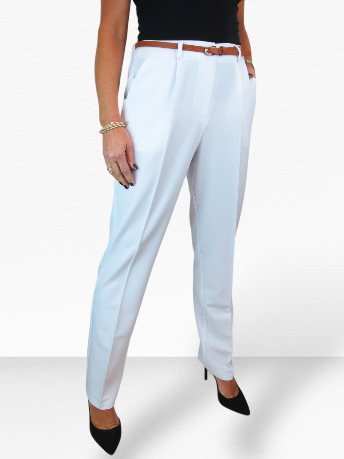 Smart Tapered Leg Pleated Trousers White