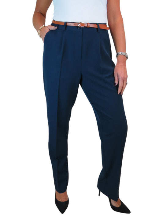 Smart Tapered Leg Pleated Trousers Navy Blue