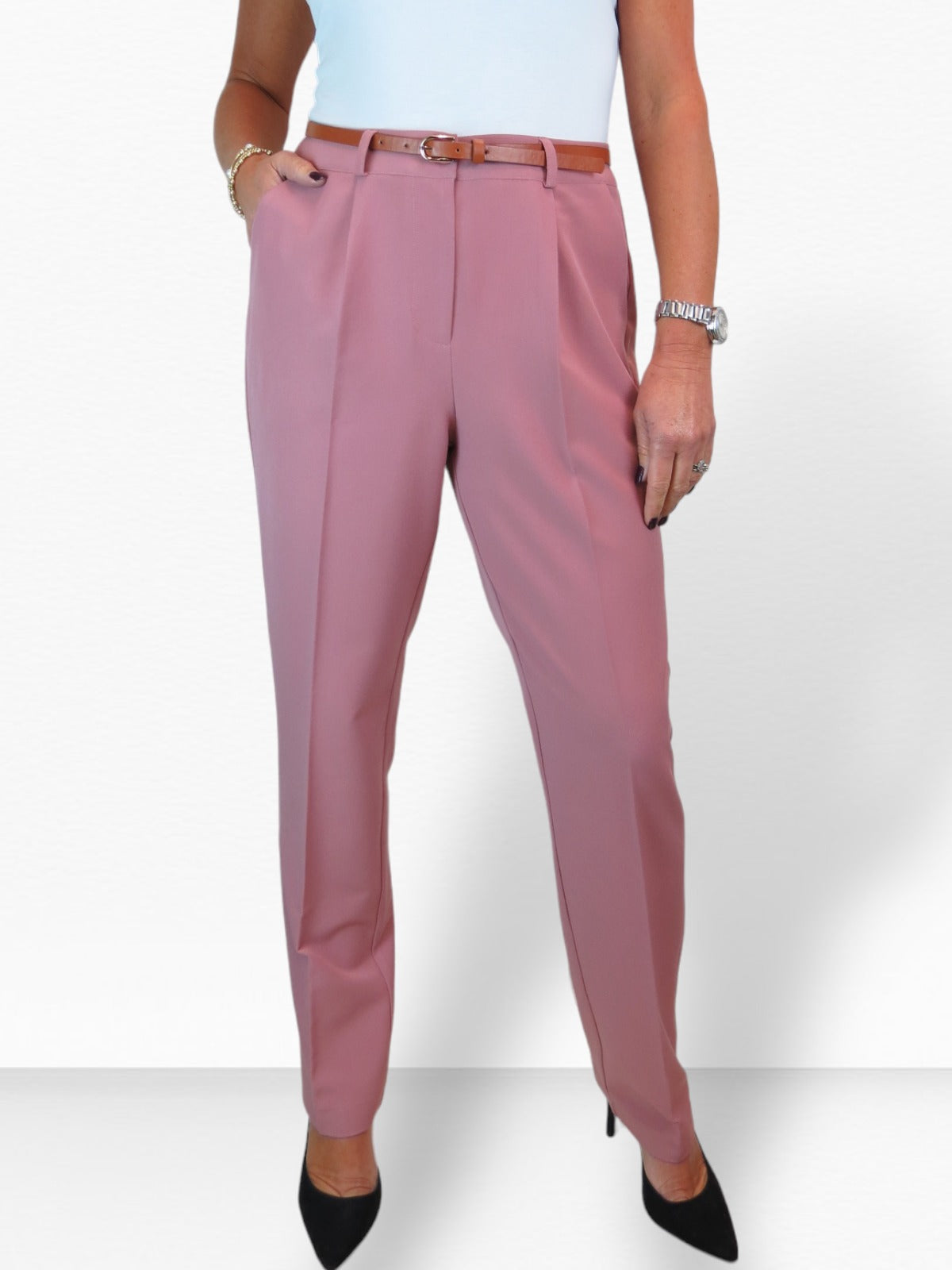Smart Tapered Leg Pleated Trousers Pink