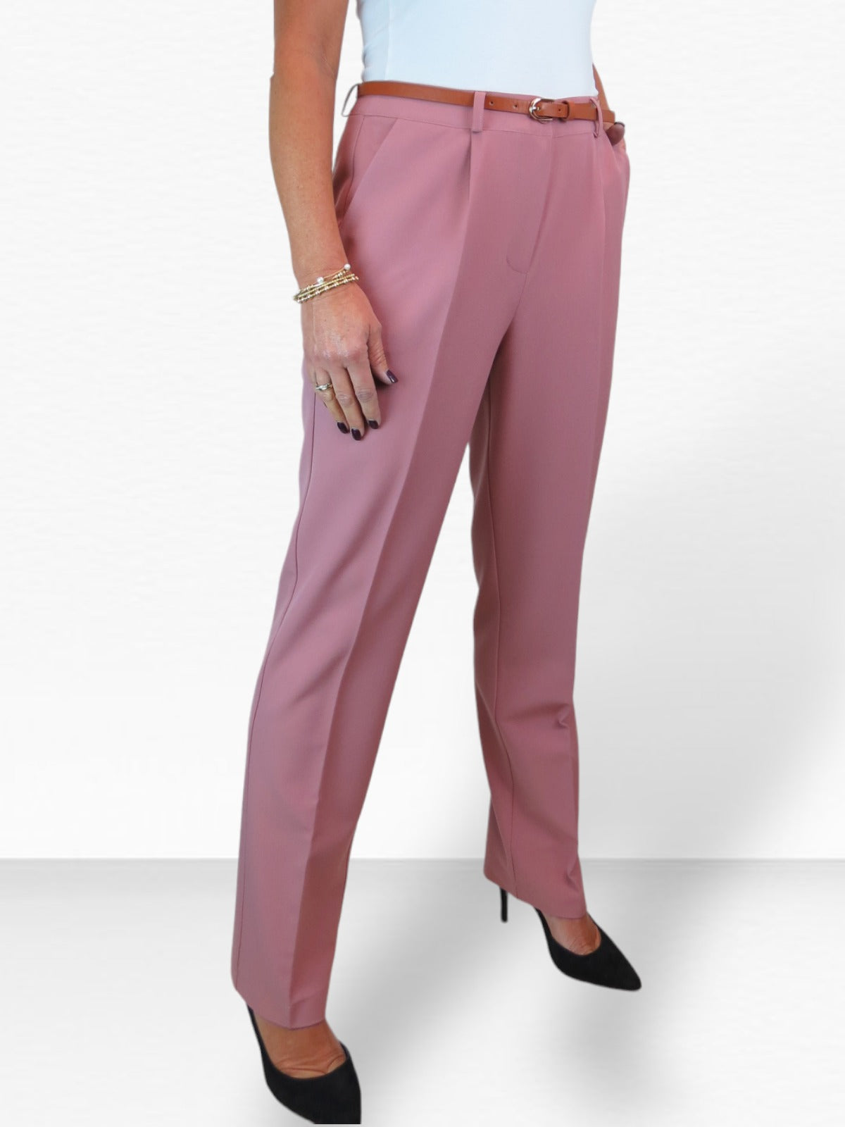 Smart Tapered Leg Pleated Trousers Pink