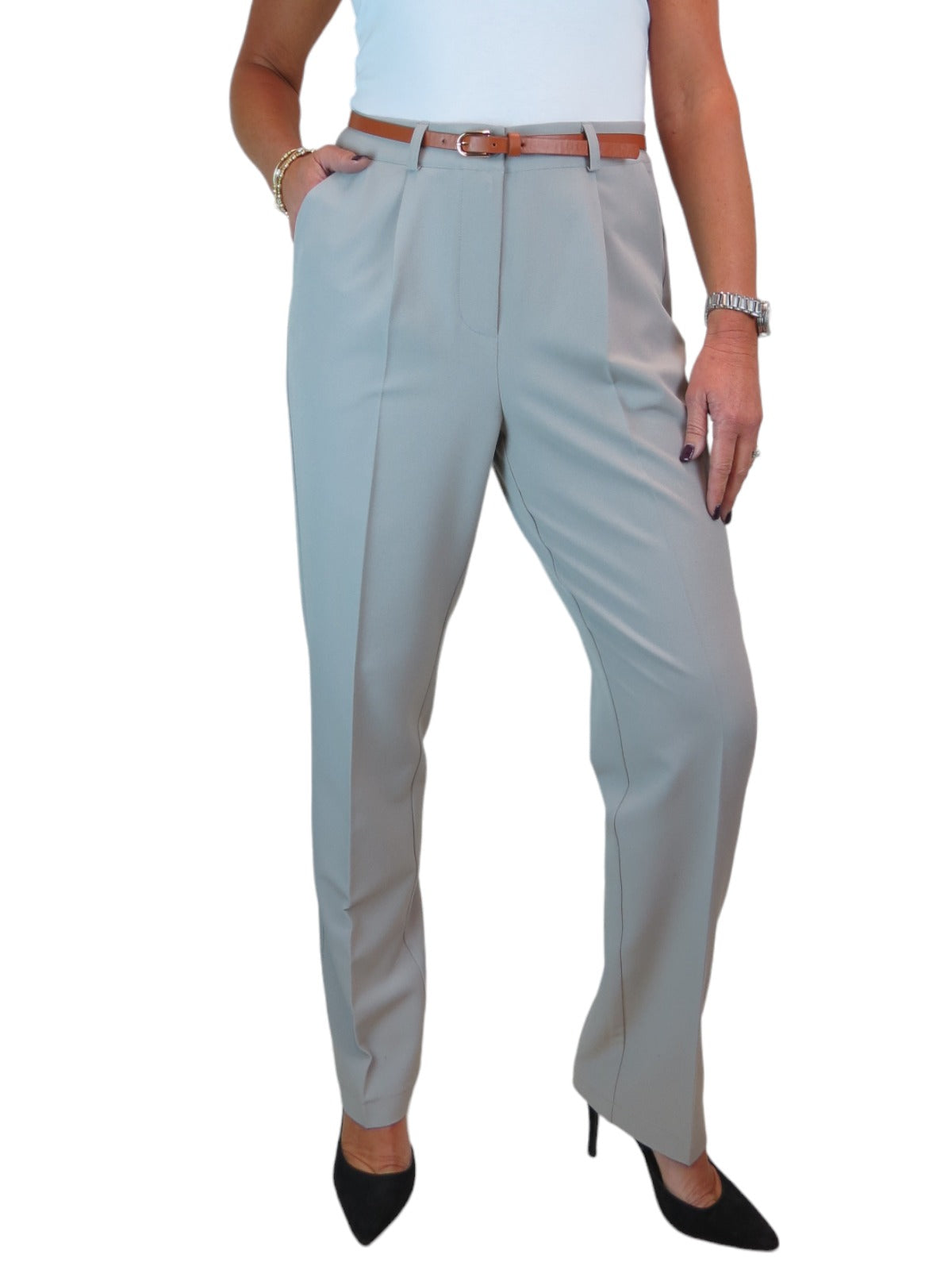 Smart Tapered Leg Pleated Trousers Light Grey