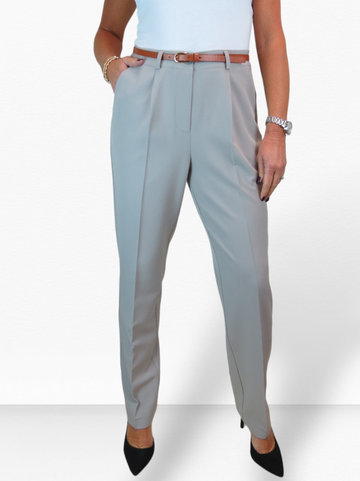 Smart Tapered Leg Pleated Trousers Light Grey