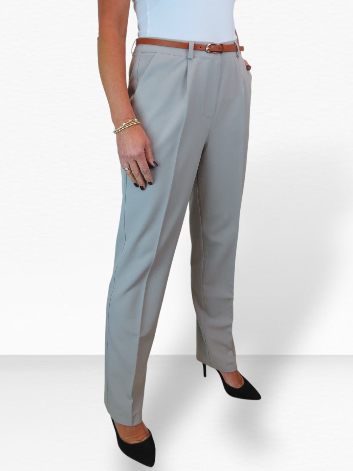 Smart Tapered Leg Pleated Trousers Light Grey