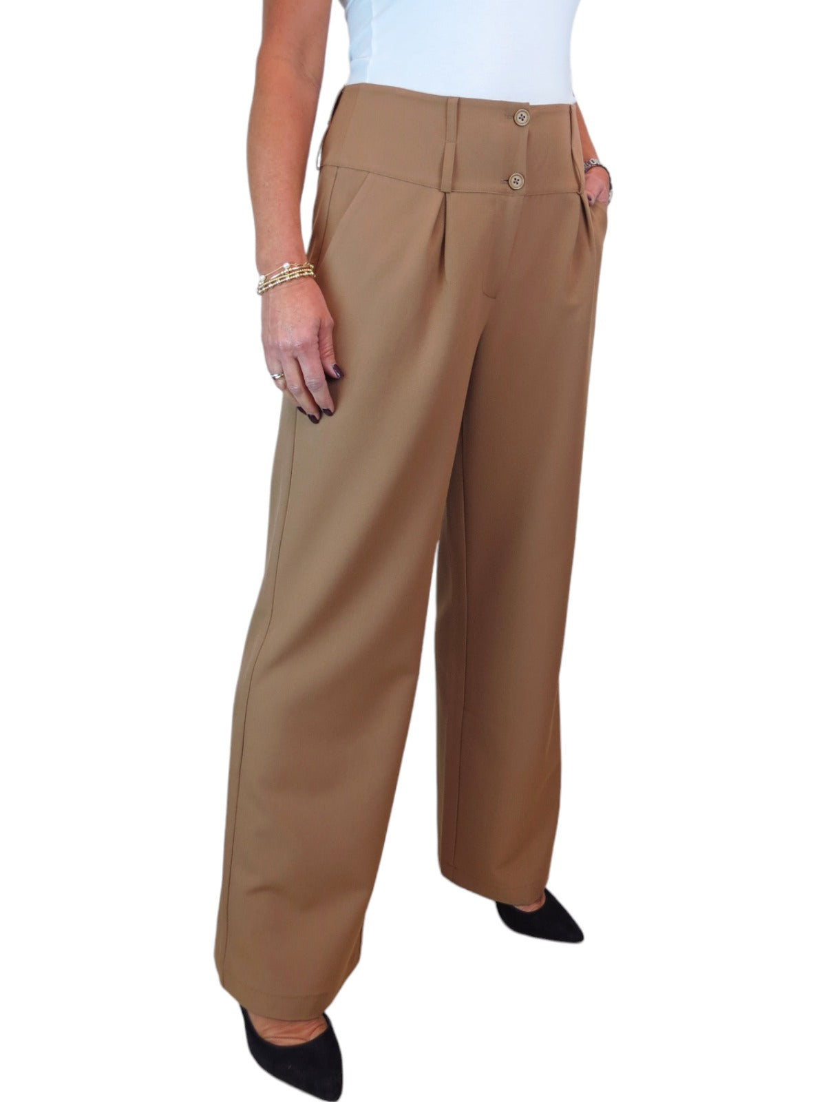 High Waisted Wide Leg Smart Trouser Tan