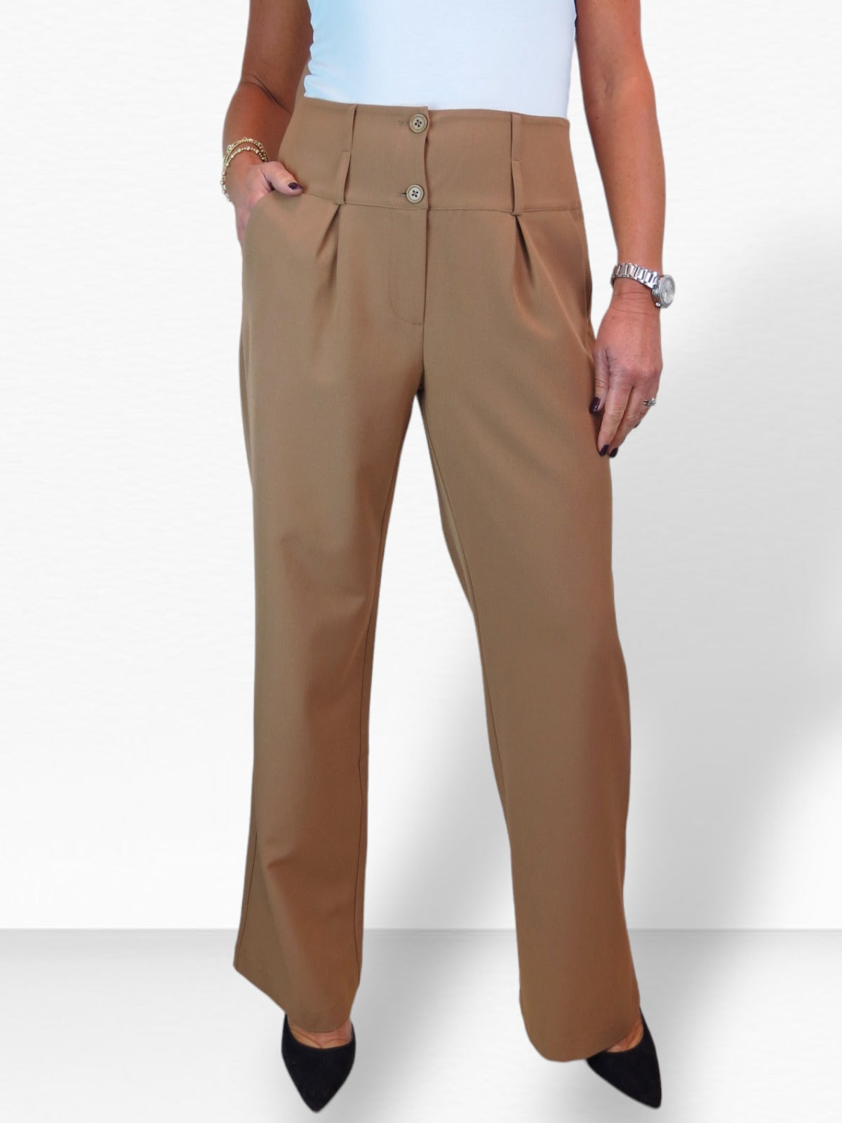 High Waisted Wide Leg Smart Trouser Tan