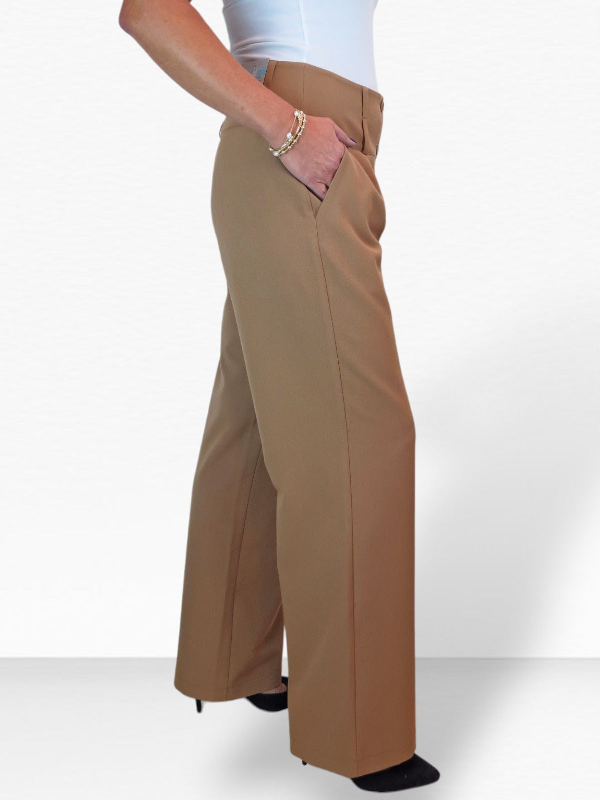 High Waisted Wide Leg Smart Trouser Tan