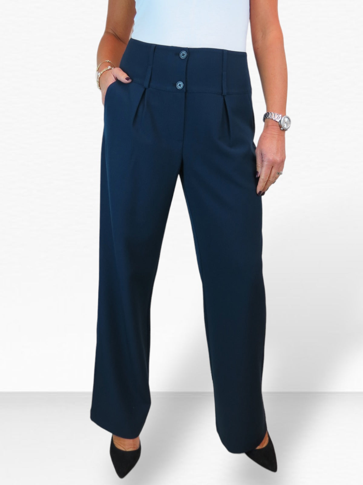 High Waisted Wide Leg Smart Trouser Navy Blue