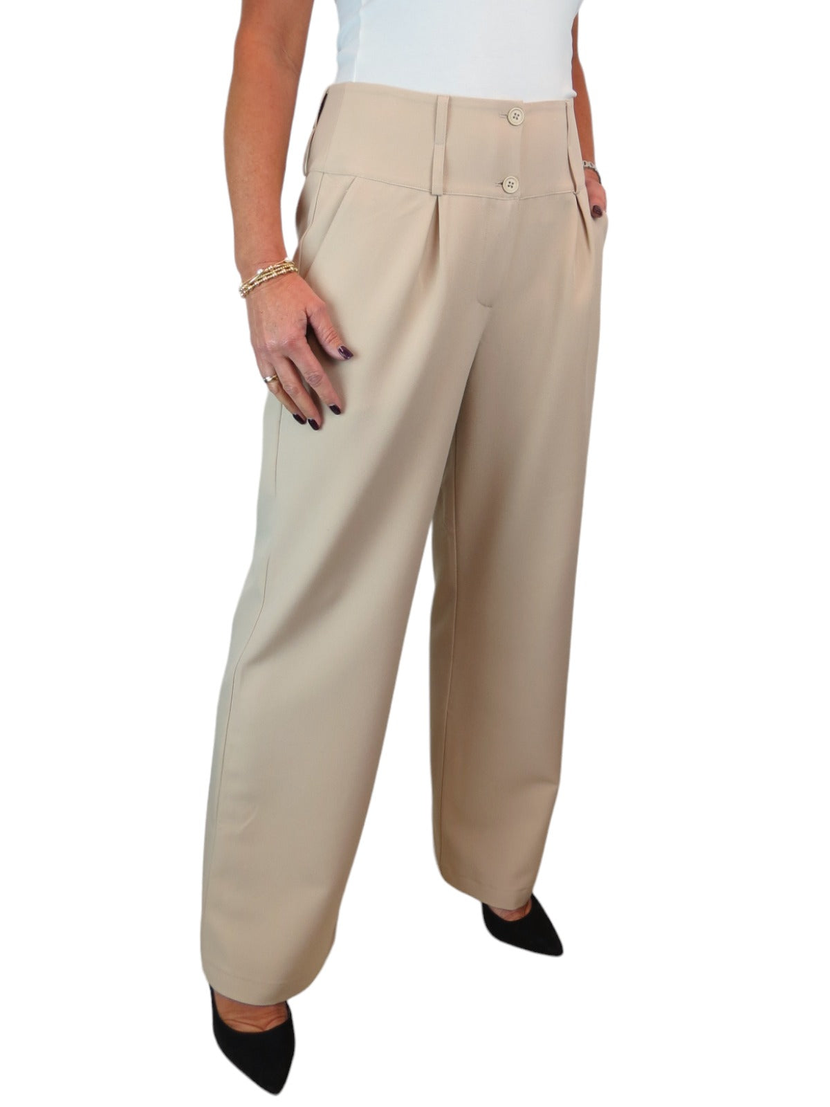 High Waisted Wide Leg Smart Trouser Beige