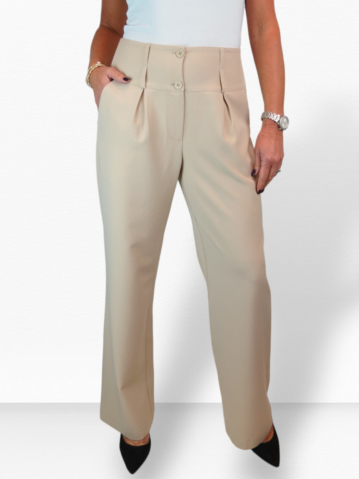 High Waisted Wide Leg Smart Trouser Beige