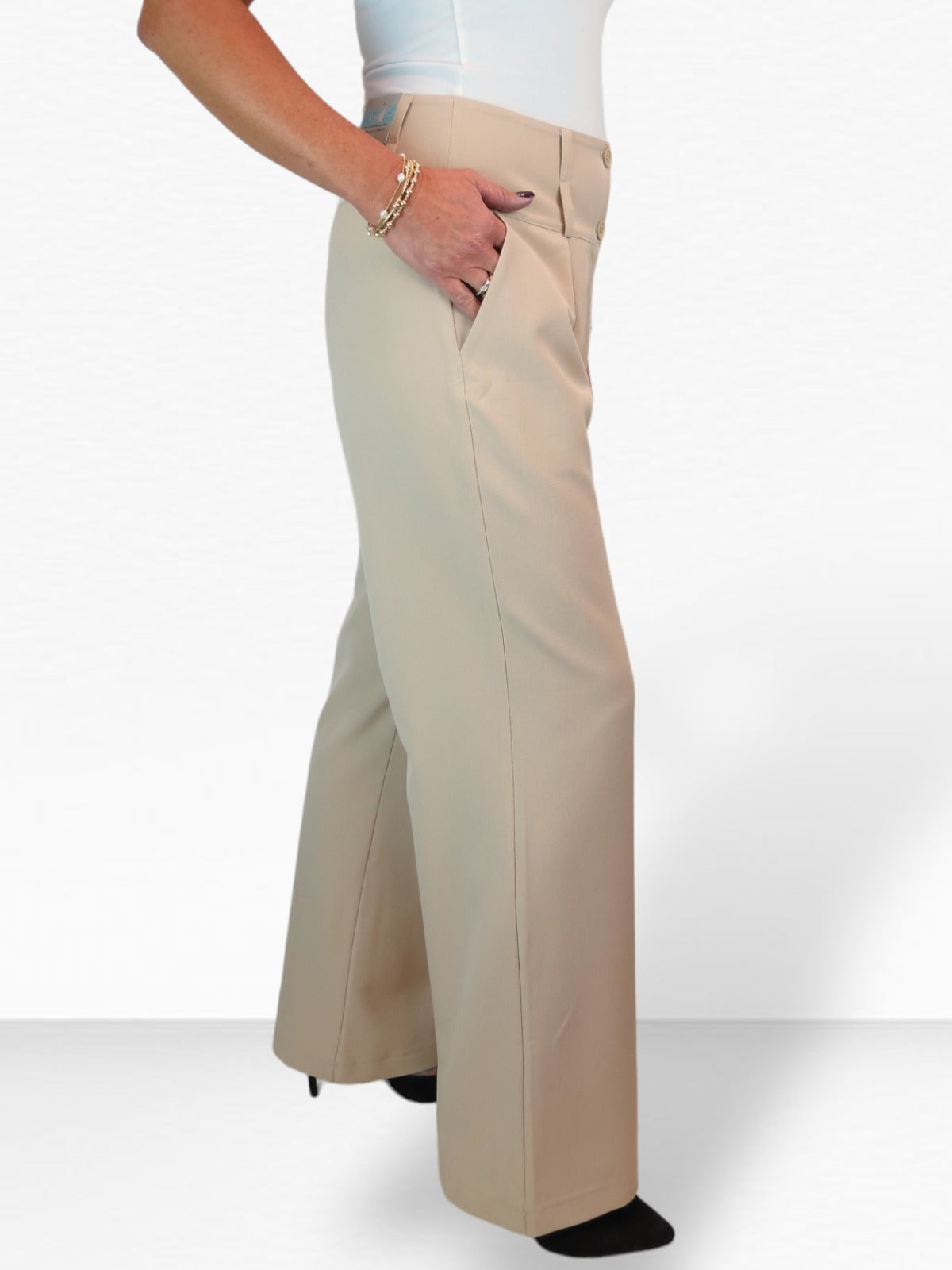 High Waisted Wide Leg Smart Trouser Beige