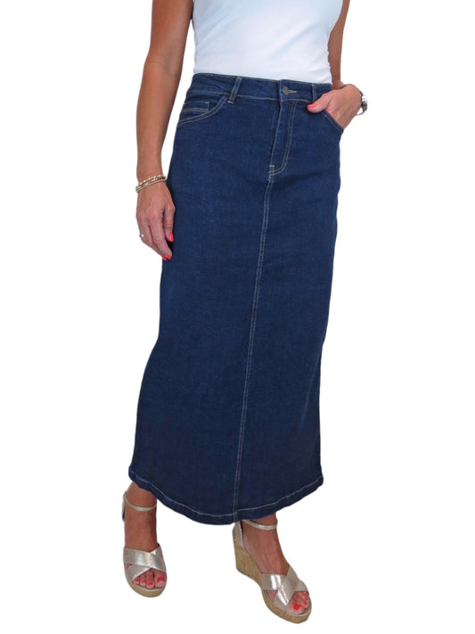 Stretch Denim Jeans Maxi Skirt Soft Wash Indigo Blue