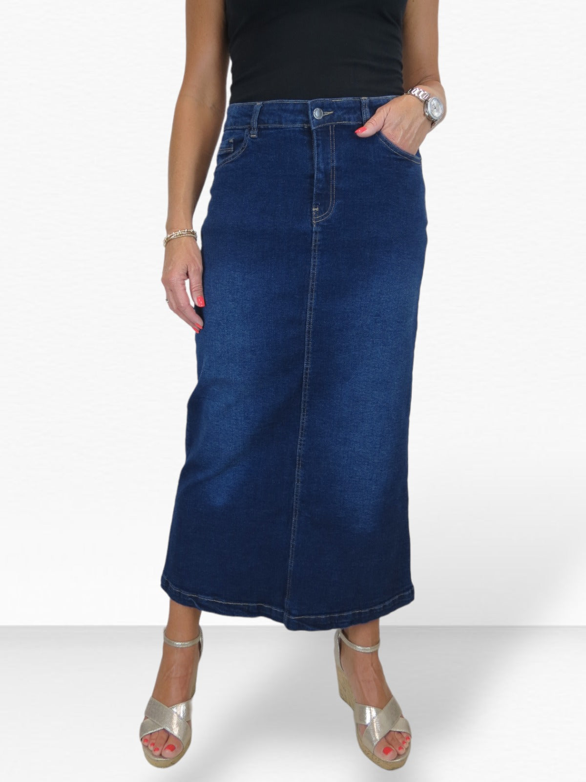 Stretch Denim Jeans Maxi Skirt Faded Dark Blue