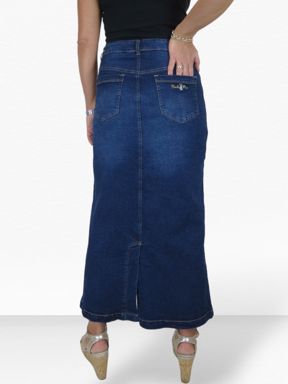 Stretch Denim Jeans Maxi Skirt Faded Dark Blue