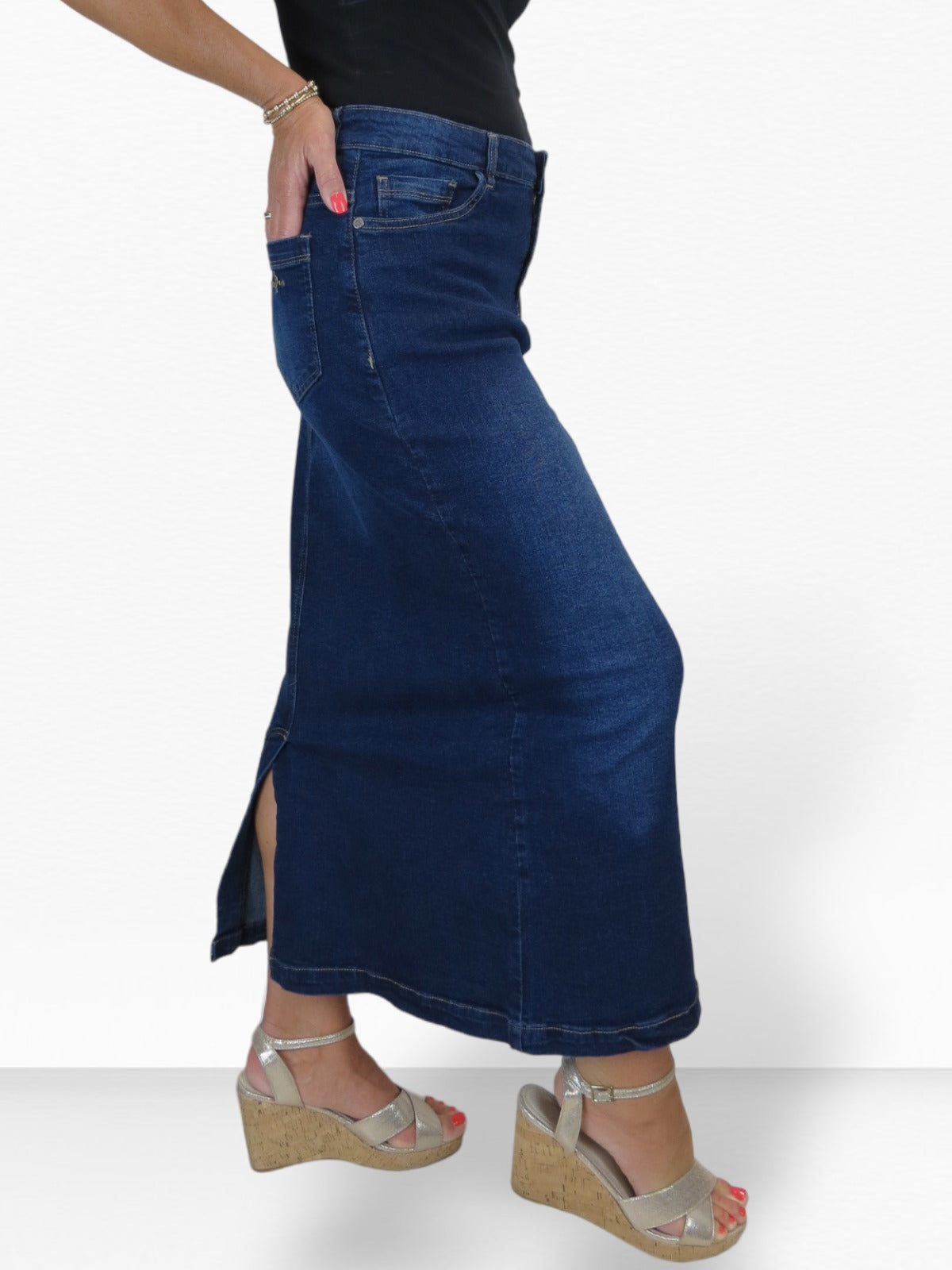 Stretch Denim Jeans Maxi Skirt Faded Dark Blue