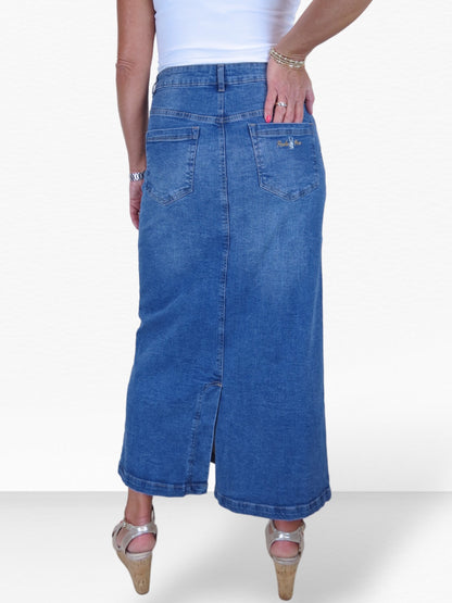 Stretch Denim Jeans Maxi Skirt Faded Mid Blue