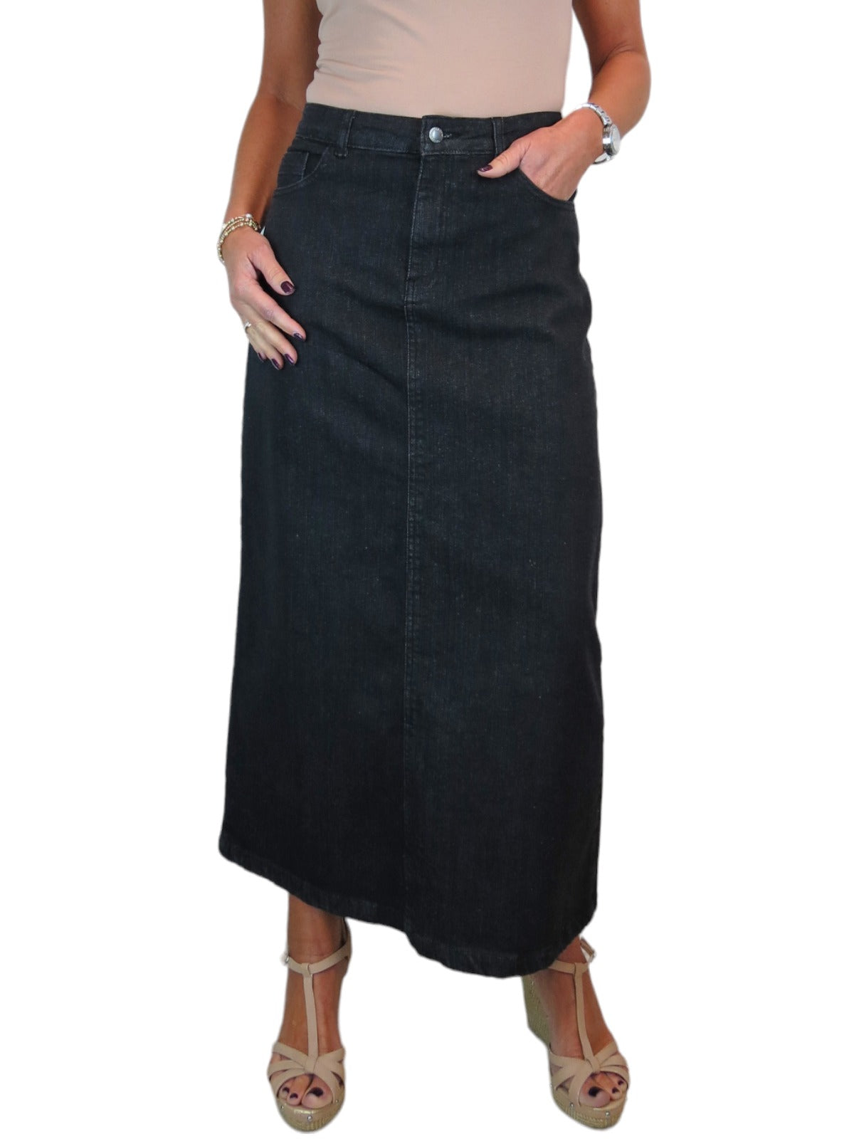 Stretch Denim Jeans Maxi Skirt Washed Black