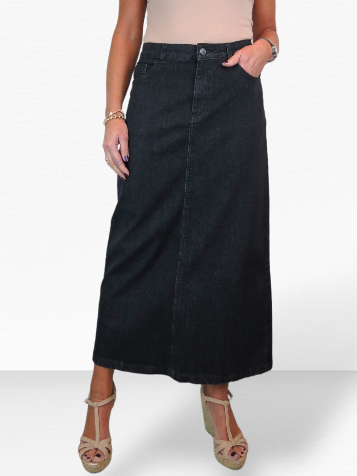 Stretch Denim Jeans Maxi Skirt Washed Black