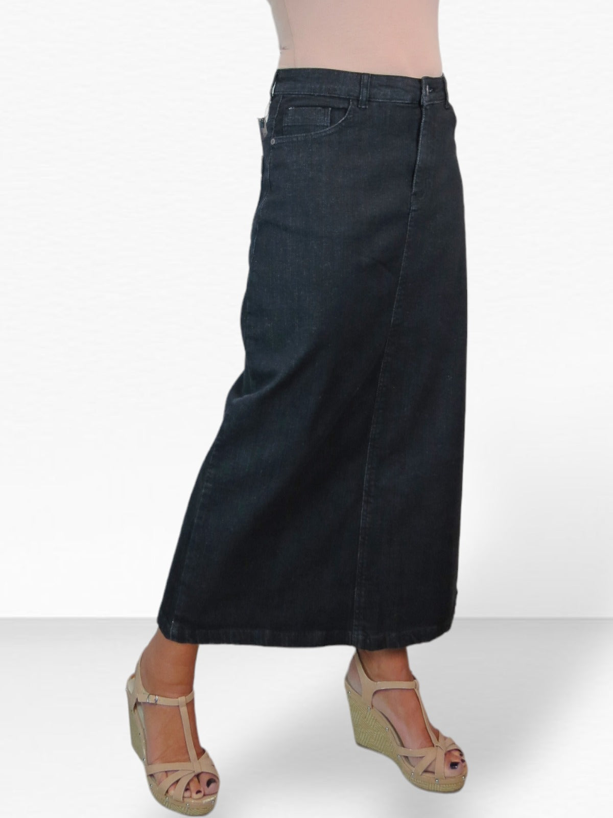 Stretch Denim Jeans Maxi Skirt Washed Black