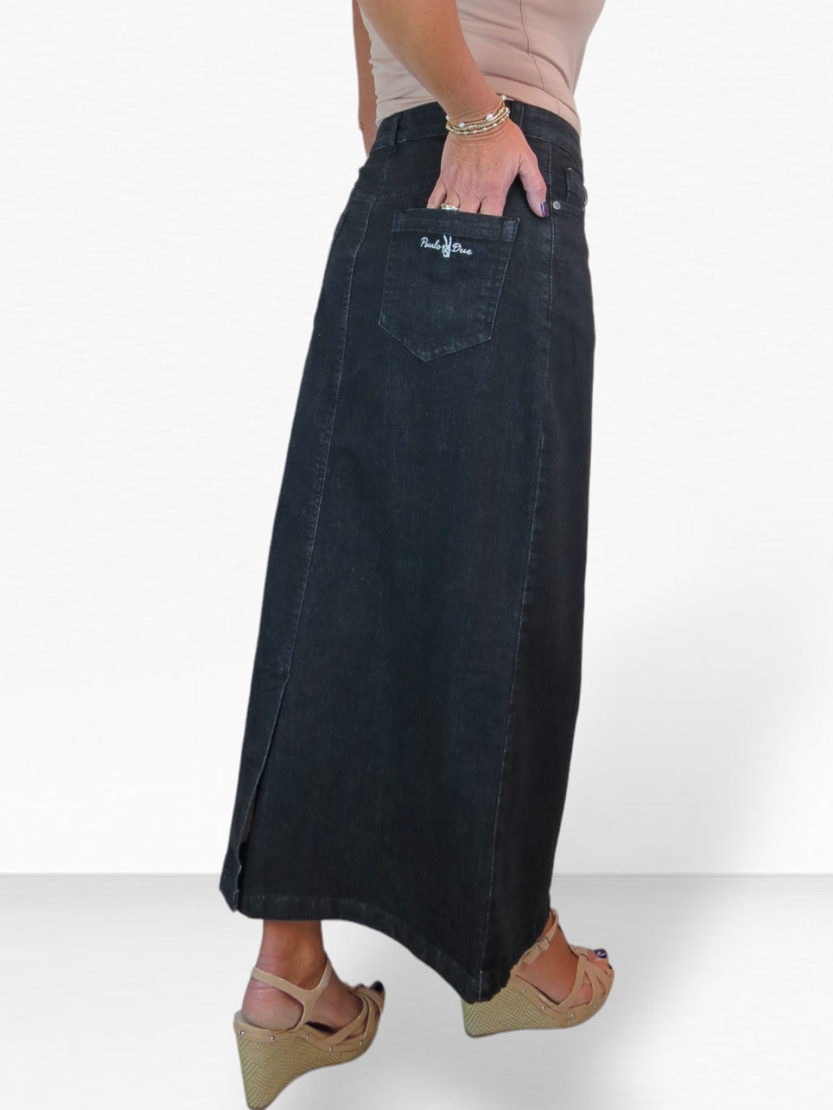 Stretch Denim Jeans Maxi Skirt Washed Black