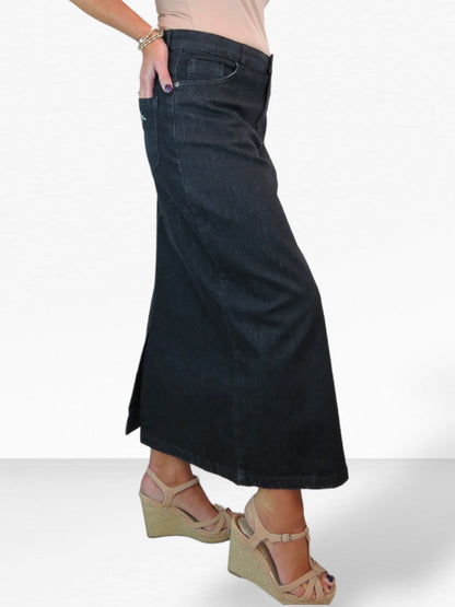 Stretch Denim Jeans Maxi Skirt Washed Black