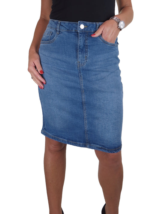 Knee Length Stretch Denim Pencil Skirt Fade Mid Blue