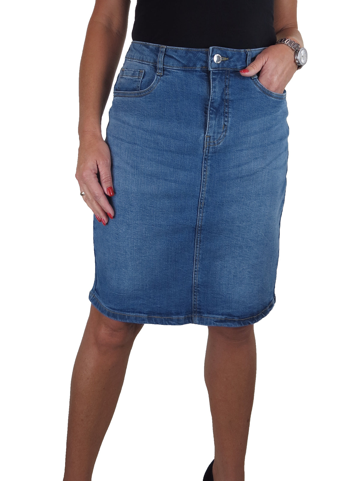 Knee Length Stretch Denim Pencil Skirt Fade Mid Blue