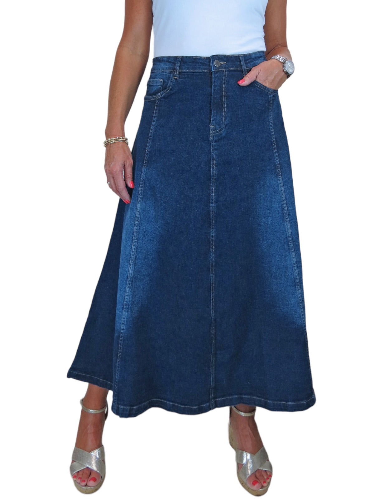 Stretch Denim Flared Maxi Skirt Dark Fade Blue