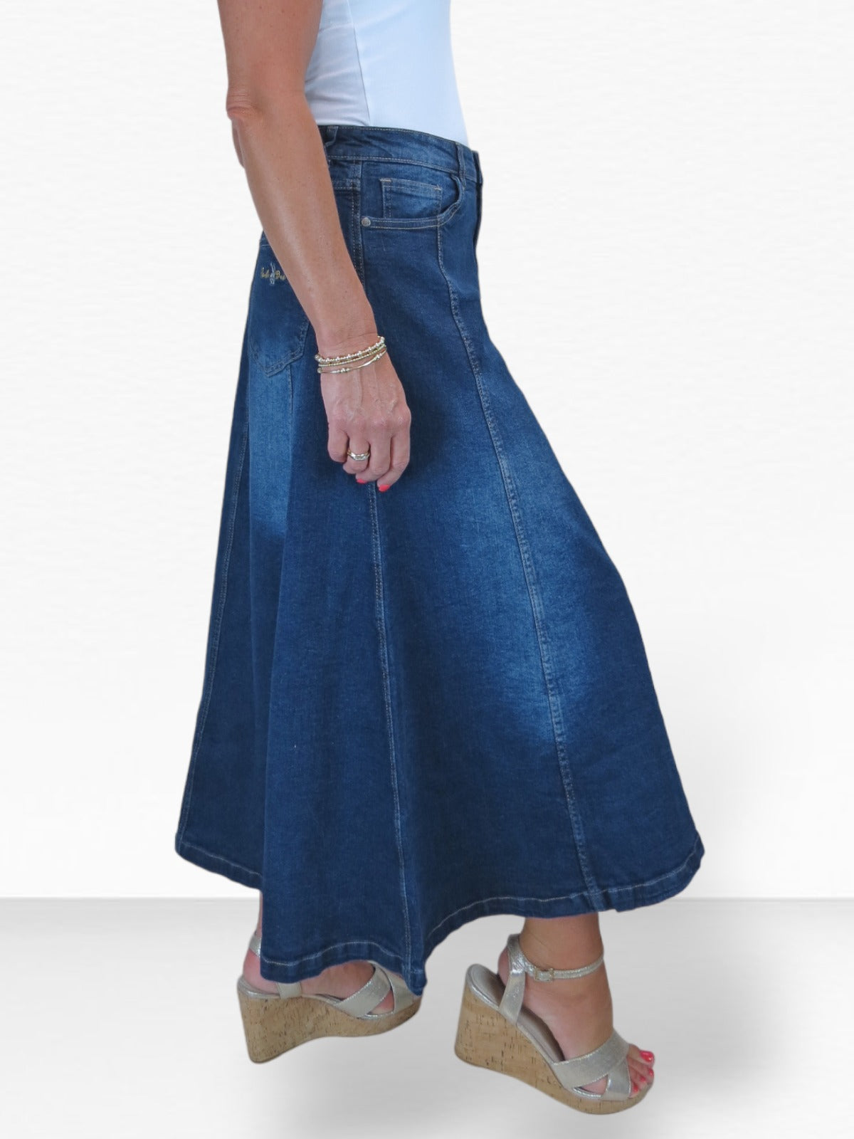 Stretch Denim Flared Maxi Skirt Dark Fade Blue