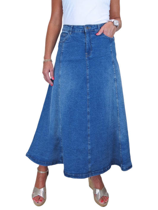 Stretch Denim Flared Maxi Skirt Fade Mid Blue