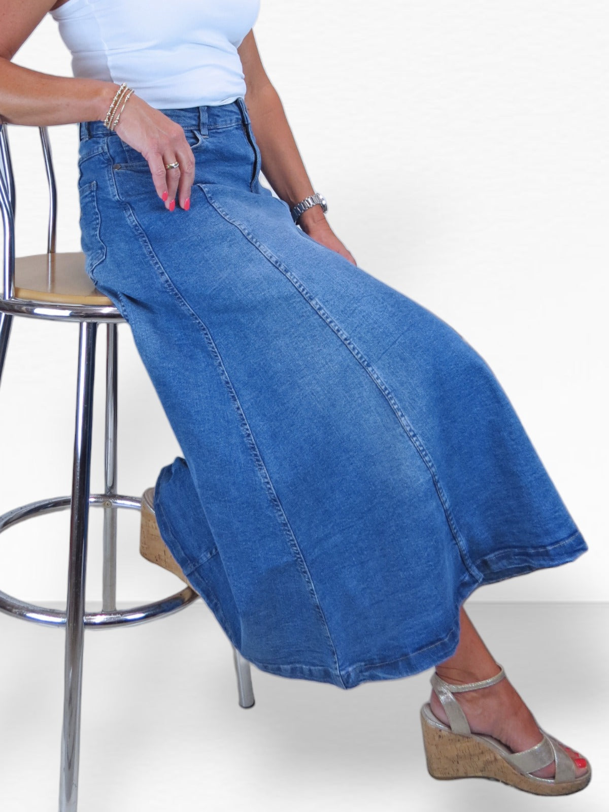 Stretch Denim Flared Maxi Skirt Fade Mid Blue