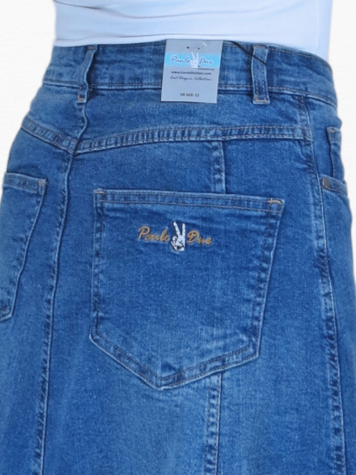 Stretch Denim Flared Maxi Skirt Fade Mid Blue