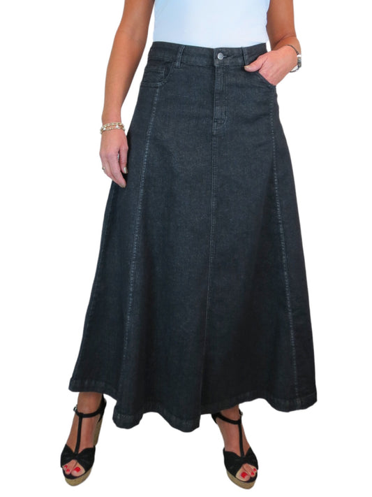 Stretch Denim Flared Maxi Skirt Washed Black