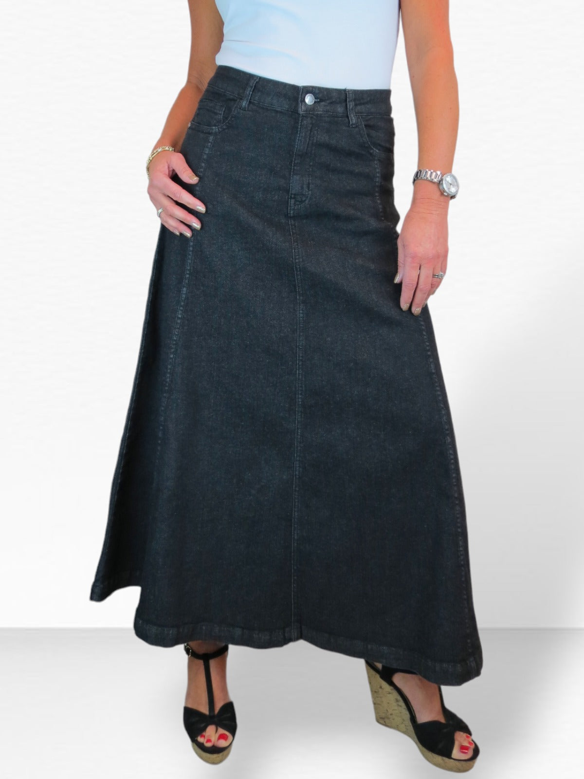 Stretch Denim Flared Maxi Skirt Washed Black