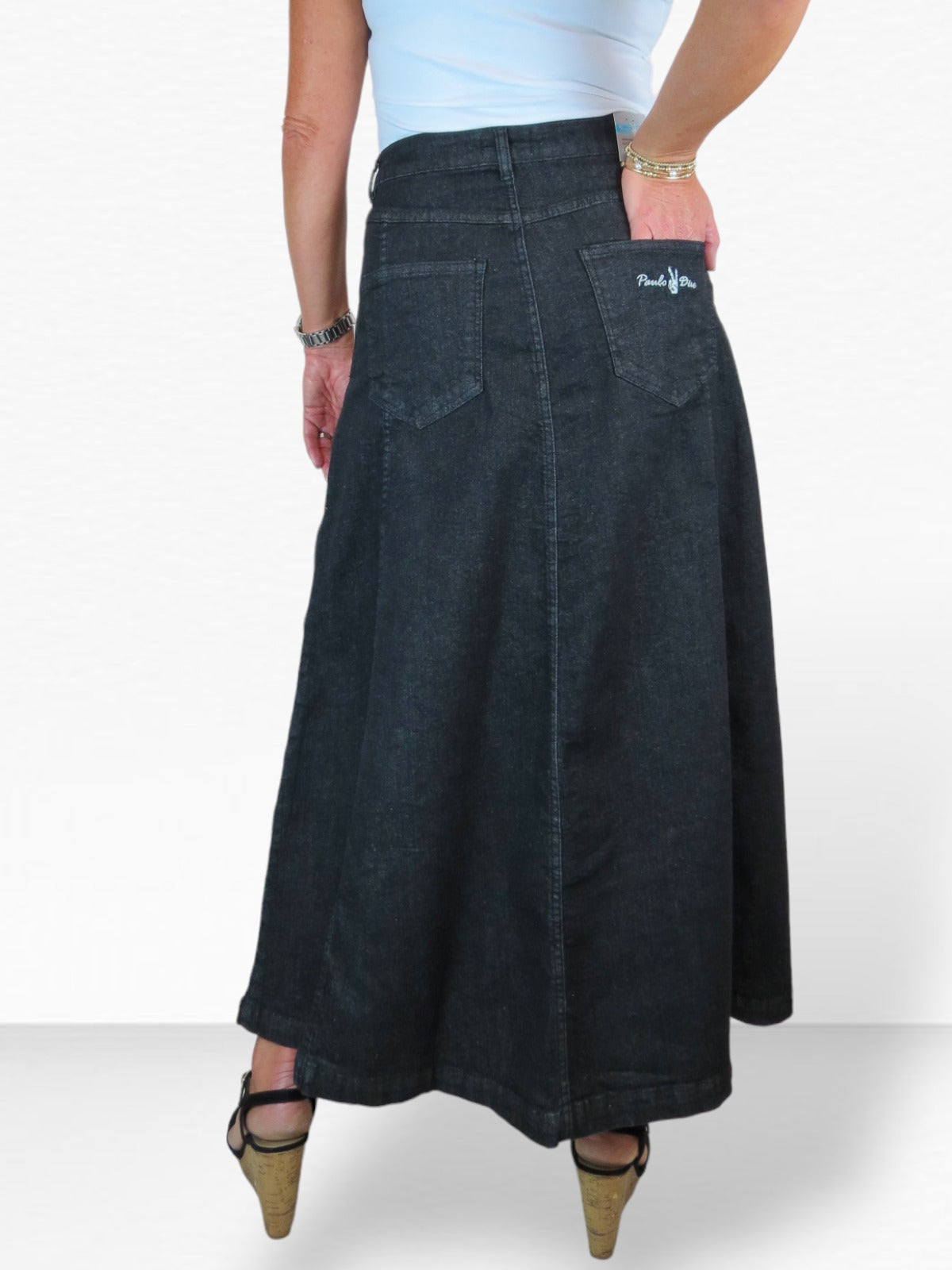 Stretch Denim Flared Maxi Skirt Washed Black