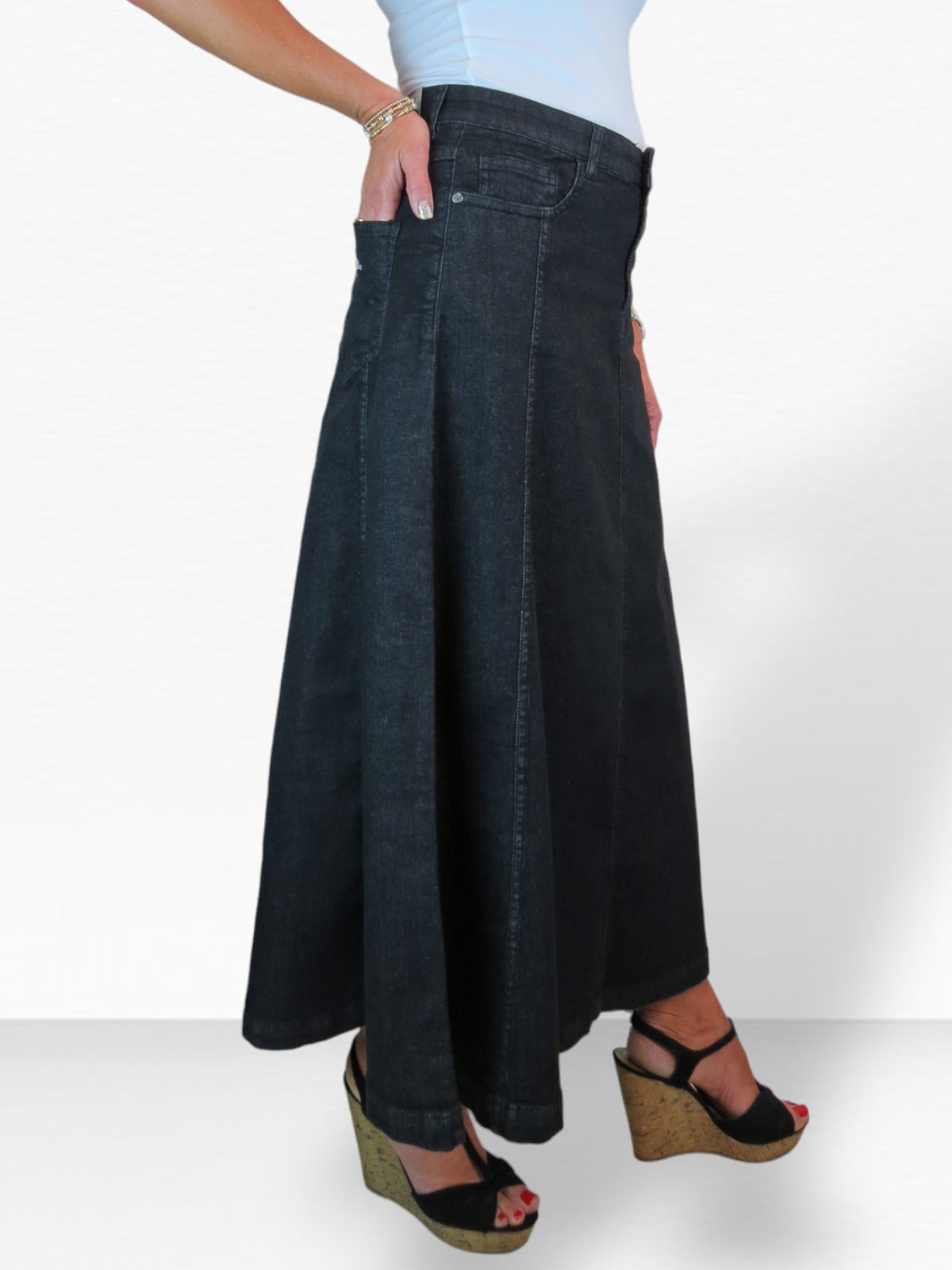 Stretch Denim Flared Maxi Skirt Washed Black